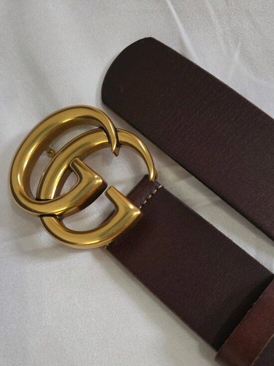 Gucci Brown Leather Marmont Wide Belt with Gold Double G Buckle main image 8